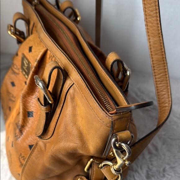 MCM Tan Leather Shoulder Bag with Monogram Print - Picture 4 of 11